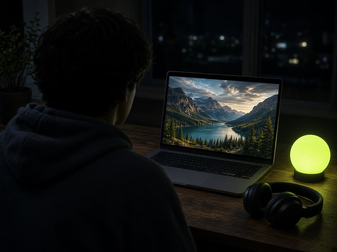 Watching a film on a laptop at a desk
