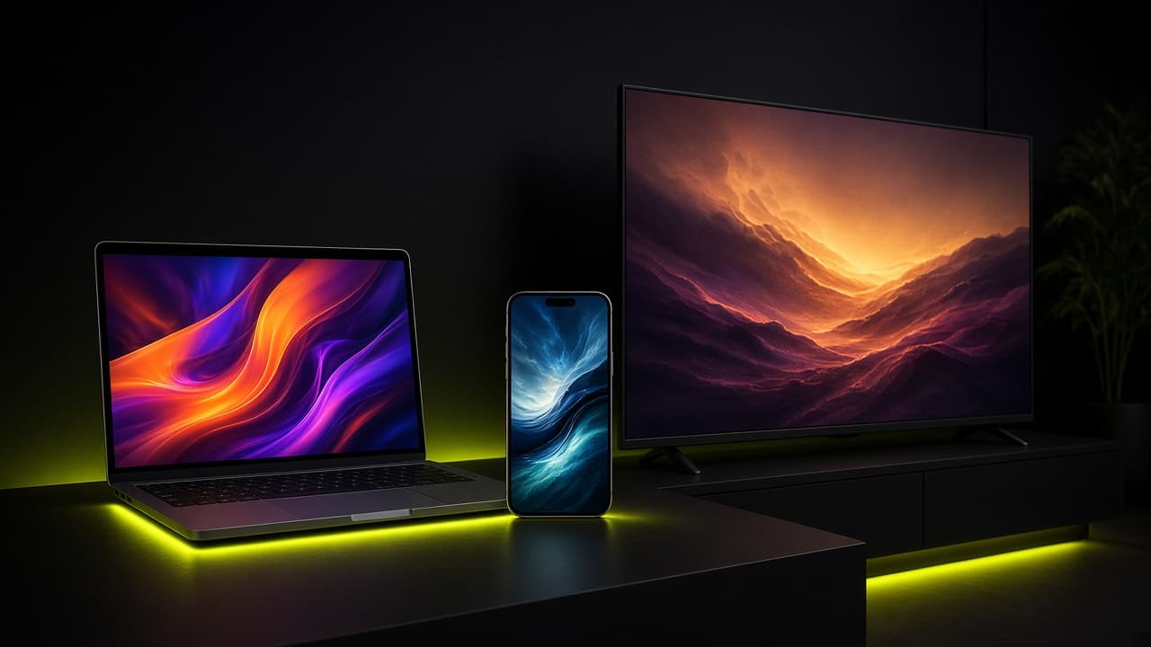 Laptop, phone, and TV showing films together