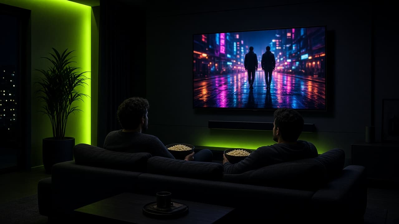 Friends watching a movie together in a living room